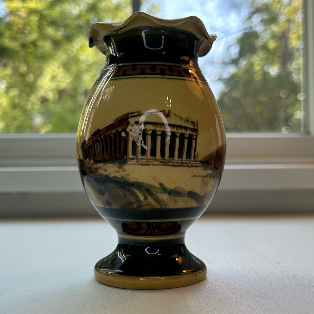 Vintage handmade hand painted ceramic Greek mustard yellow & black vase Rome
